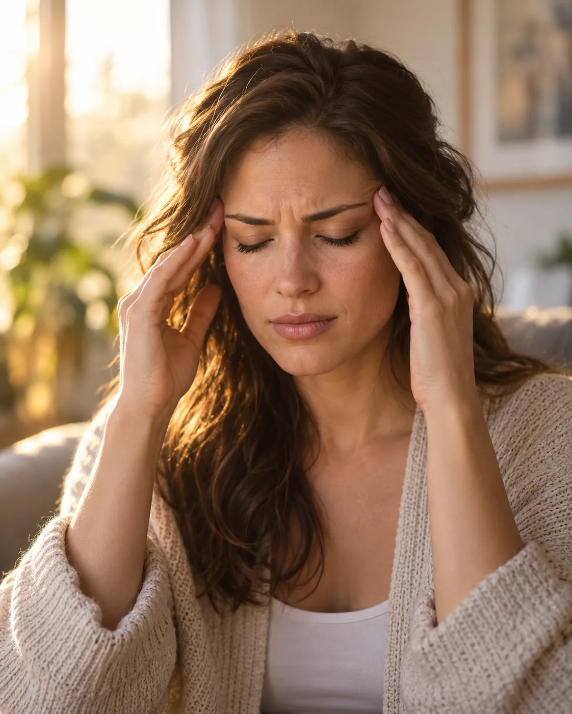 A woman pressing her fingertips to her temples